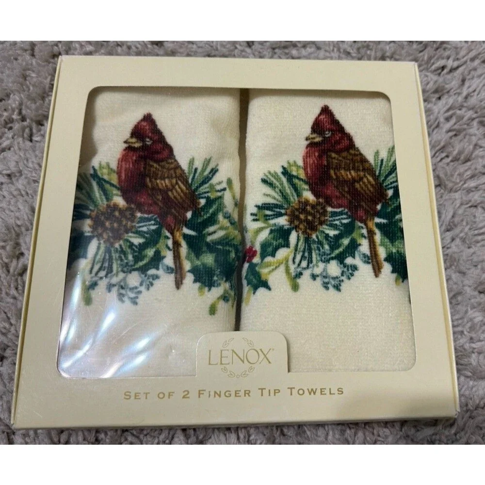 LENOX Bath Finger Tip Towel Set of 2 WINTER GREETINGS Holiday Chickadees NEW